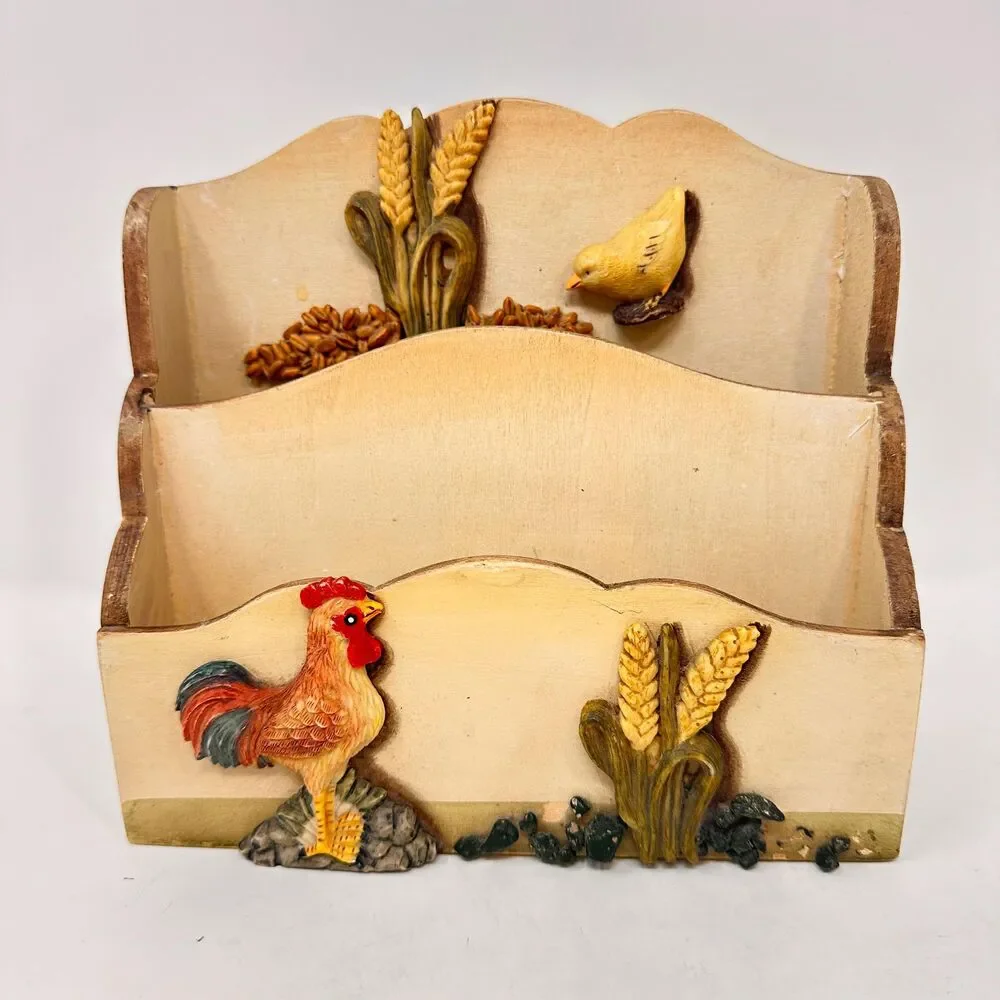 Vintage Wooden Rooster Mail Sorter Farmhouse 2 Tier Letter Holder Desk Organizer